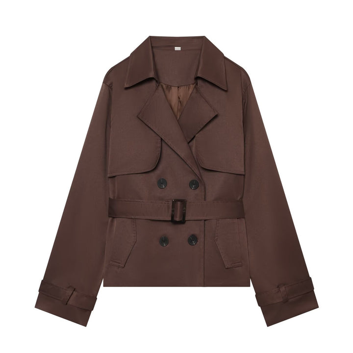 Damen Kurzer Cropped-Trenchcoat mit doppelreihiger Knopfleiste, Taillengürtel und Schulterpatten Echoarchiv