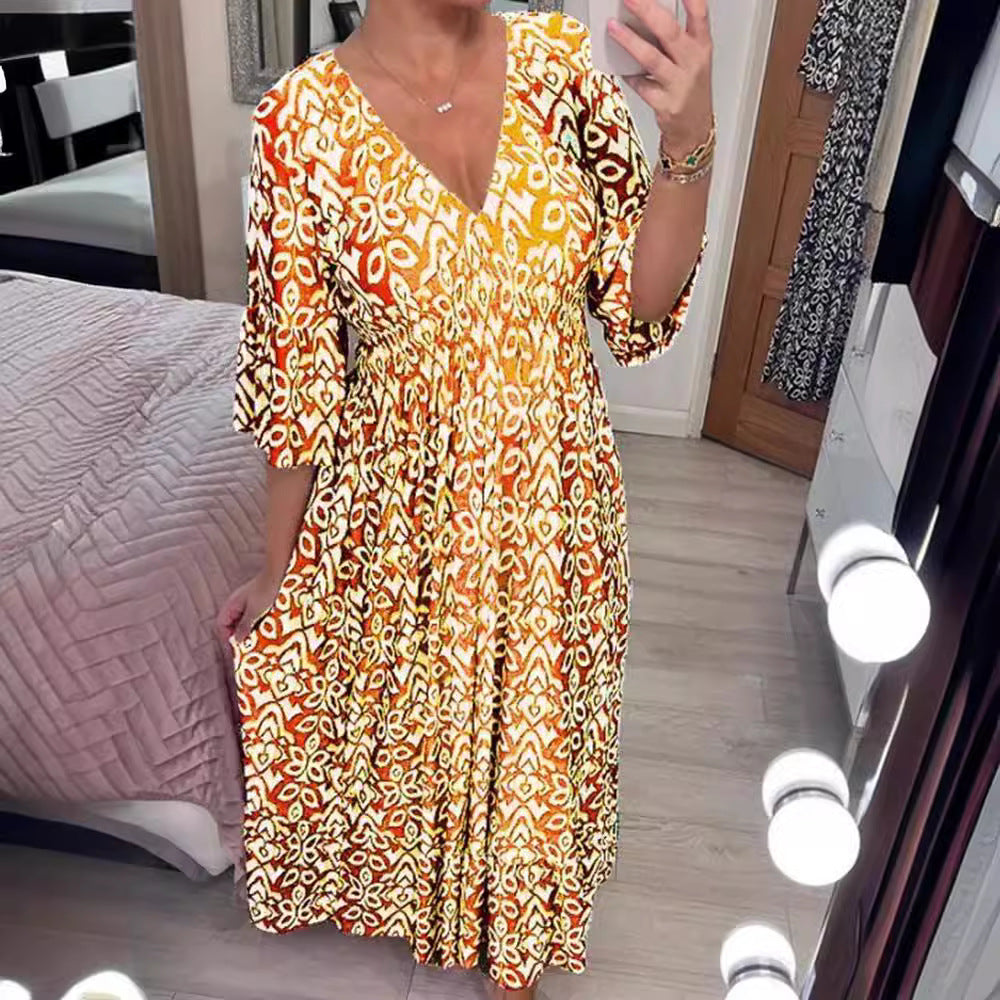 Damen Maxikleid mit V-Ausschnitt und weit ausgestellten Ärmeln Echo Archiv