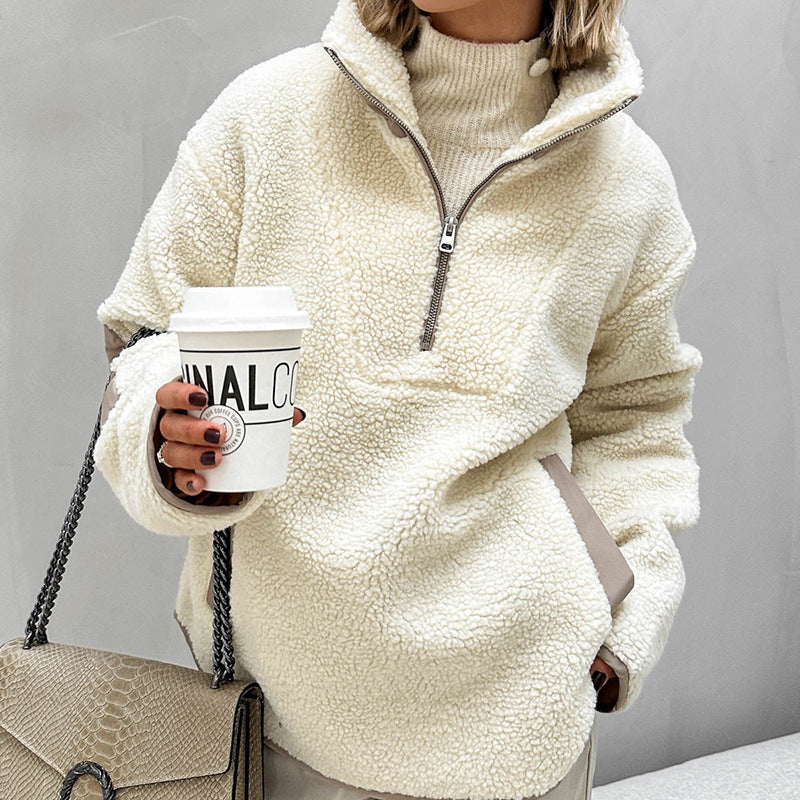 Damen Oversized Sherpa-Fleece Pullover mit halbem Reißverschluss und Kängurutasche Echo Archiv