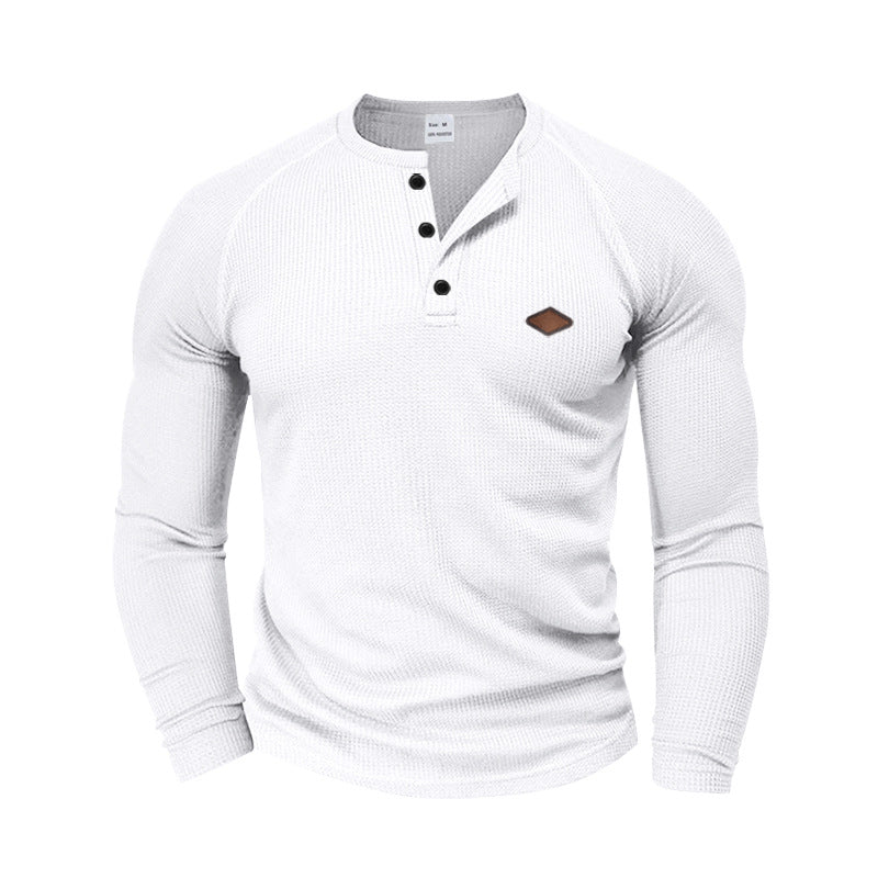 Herren nan strukturiertes Waffel-Henleyshirt mit kurzer Knopfleiste Raglanärmeln und Lederpatch Echo Archiv