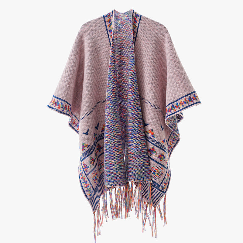Damen Grobstrick-Poncho mit eingewebter Ethno‑Bordüre und Fransen Echo Archiv