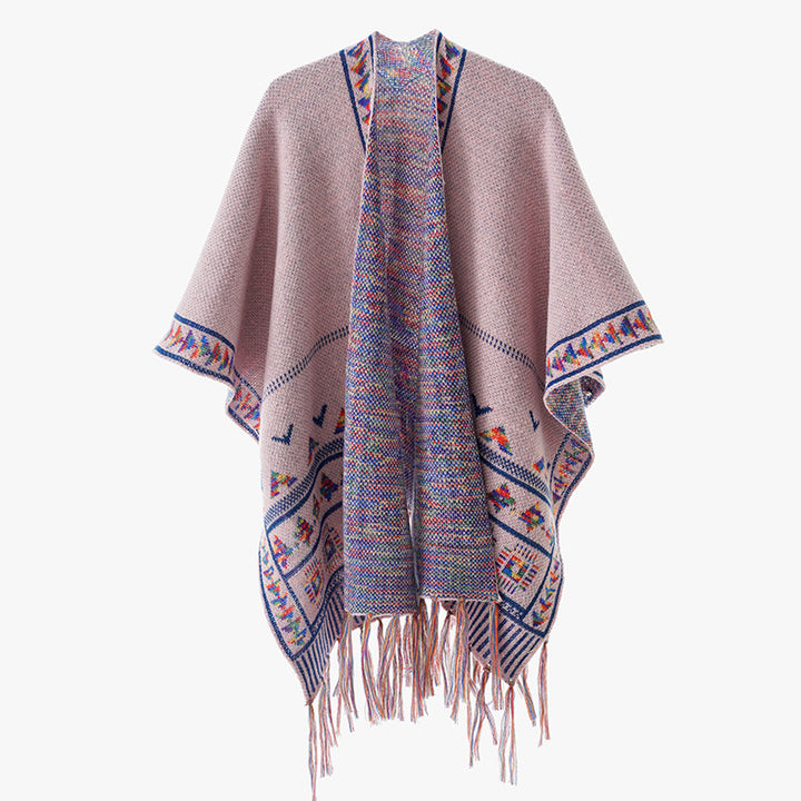 Damen Grobstrick-Poncho mit eingewebter Ethno‑Bordüre und Fransen Echo Archiv