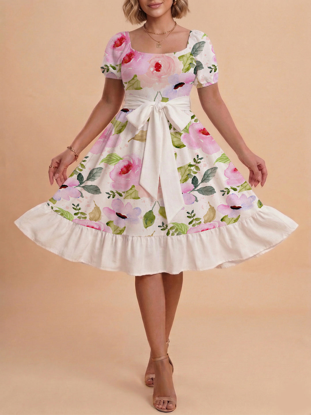 Damen A-Linien-Kleid mit floralen Motiven und taillierbarem Gürtel Echo Archiv