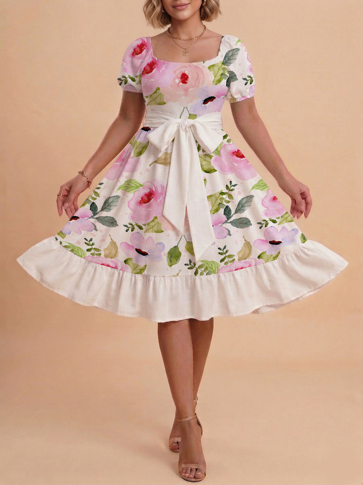 Damen A-Linien-Kleid mit floralen Motiven und taillierbarem Gürtel Echo Archiv