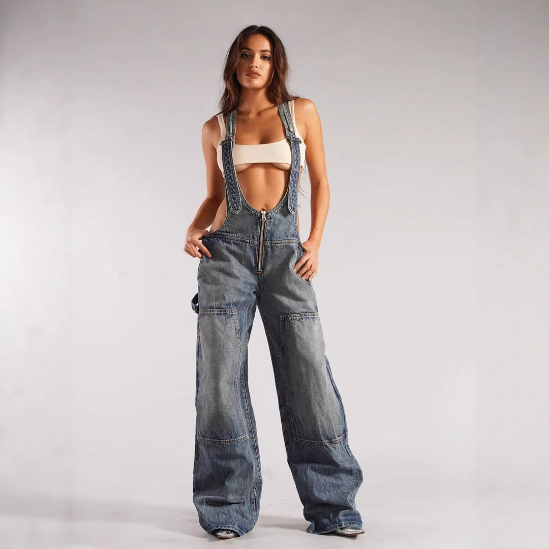 Damen lässige Denim-Latzhose mit oversized Schnitt und praktischen Taschen Echo Archiv