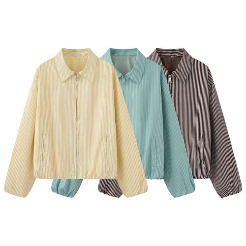 Damen Leichte gestreifte Blousonjacke mit Reißverschluss, Hemdkragen und elastischem Saum Echoarchiv