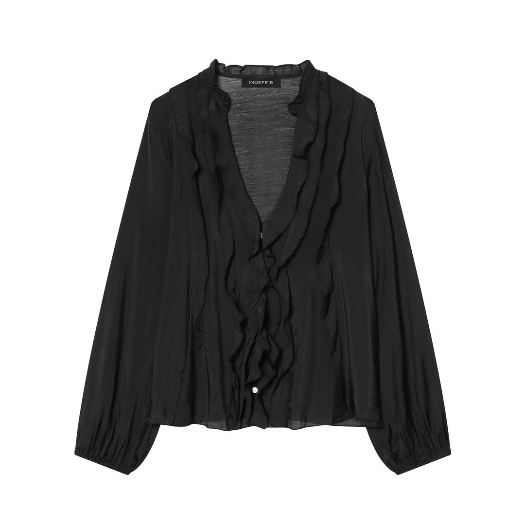 Damen Leichte Chiffon-Bluse mit Volantknopfleiste und Ballonärmeln Echo Archiv
