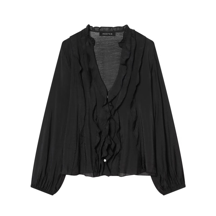 Damen Leichte Chiffon-Bluse mit Volantknopfleiste und Ballonärmeln Echo Archiv