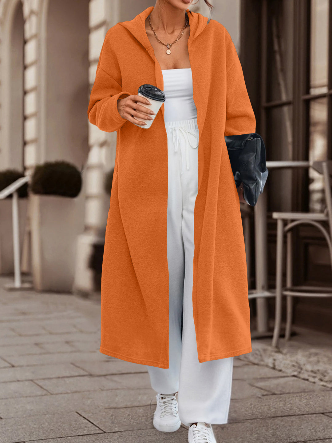 Damen Langer Oversize Kapuzenmantel mit offener Front und weichem Fleece – Célinea