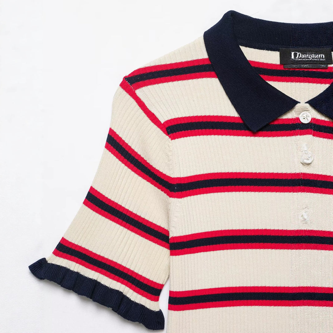 Damen Kurzärmelige Feinstrick-Cardigan mit Polokragen und Volantbündchen Echo Archiv