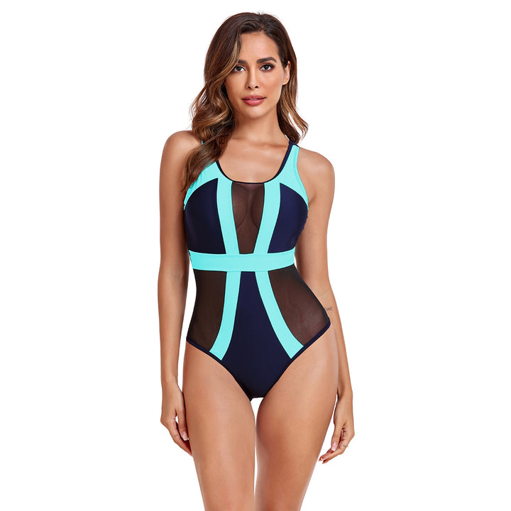 Damen Einteiliger Badeanzug mit transparenten Mesh-Einsätzen und modischem Farbblock Echo Archiv