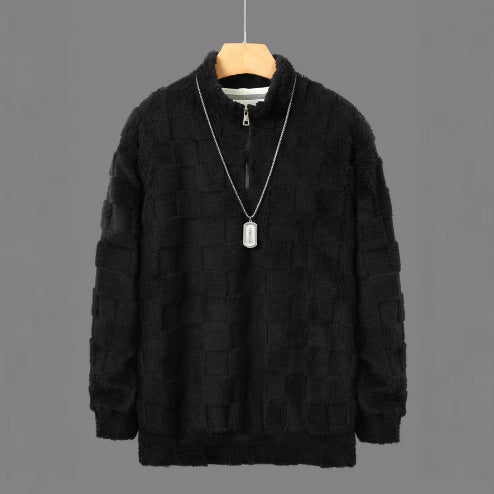 Herren karierter Sherpa-Halbzip-Pullover mit hohem Stehkragen und weicher Teddy-Fleece-Qualität – Cavarno