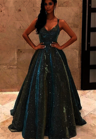 Echoarchiv | Damen Spaghettiträger V-Ausschnitt A-Linie Glitzer Maxikleid
