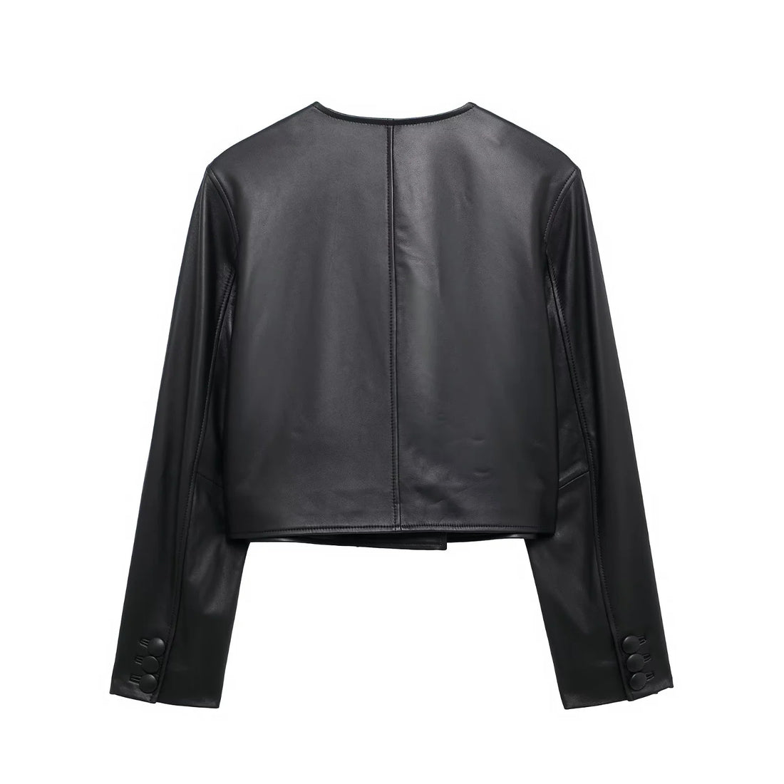 Damen cropped Kunstlederjacke mit Rundhalsausschnitt, doppelreihiger Knopfleiste und aufgesetzten Pattentaschen – Célinea