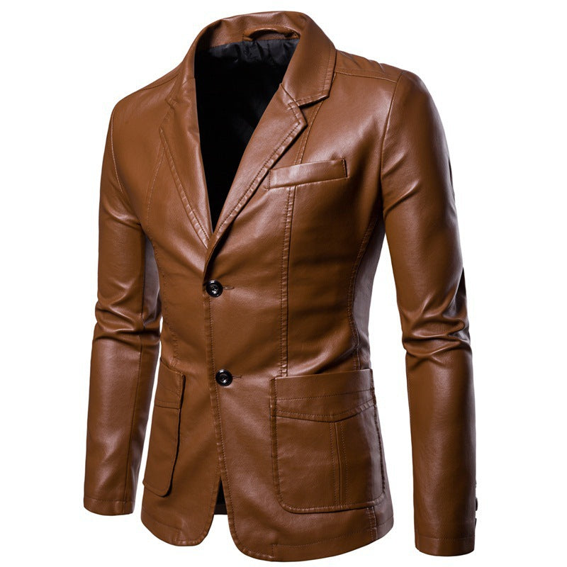 Herren Figurbetonter Lederoptik-Blazer mit Hemdkragen und Zwei-Knopf-Front – Tianoro