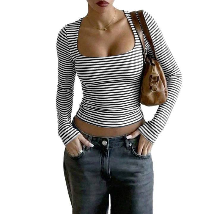Damen gestreiftes tailliertes Langarm-Cropped-Shirt aus Baumwollstretch – Avérine
