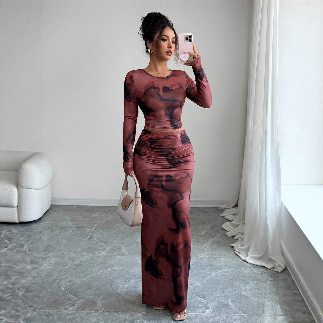 Damen nan zweiteiliges figurbetontes Set aus elastischem Mesh mit langärmligem Crop-Top, Daumenloch und gerafftem Midirock Echo Archiv