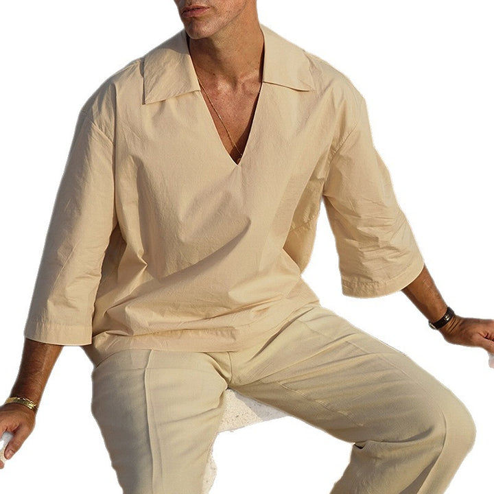 Herren Oversized-Hemd mit tiefem V‑Ausschnitt und Leinen‑Baumwoll‑Mix Echoarchiv
