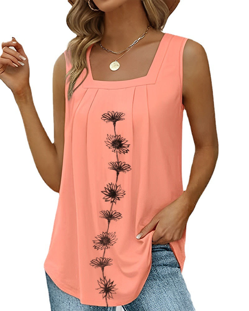 Damen nan ärmelloses Longtop mit quadratischem Ausschnitt, Faltenpassé und mittigem Blumenprint Echo Archiv