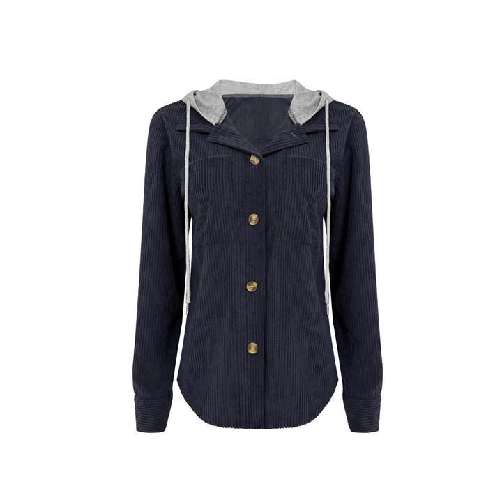 Damen Gerippte Hemdjacke mit Kapuze, Knopfleiste und aufgesetzten Taschen – Auréline