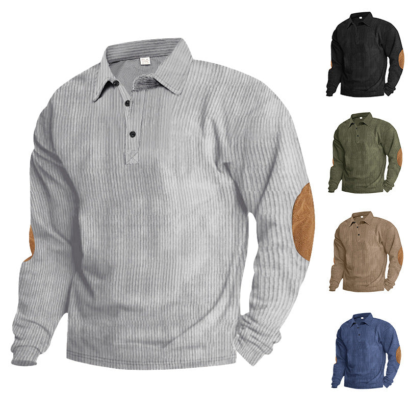 Herren lässiges Langarm-Henley-Shirt mit strukturiertem Rippenstoff und kontrastierenden Ellbogenpatches Echoarchiv