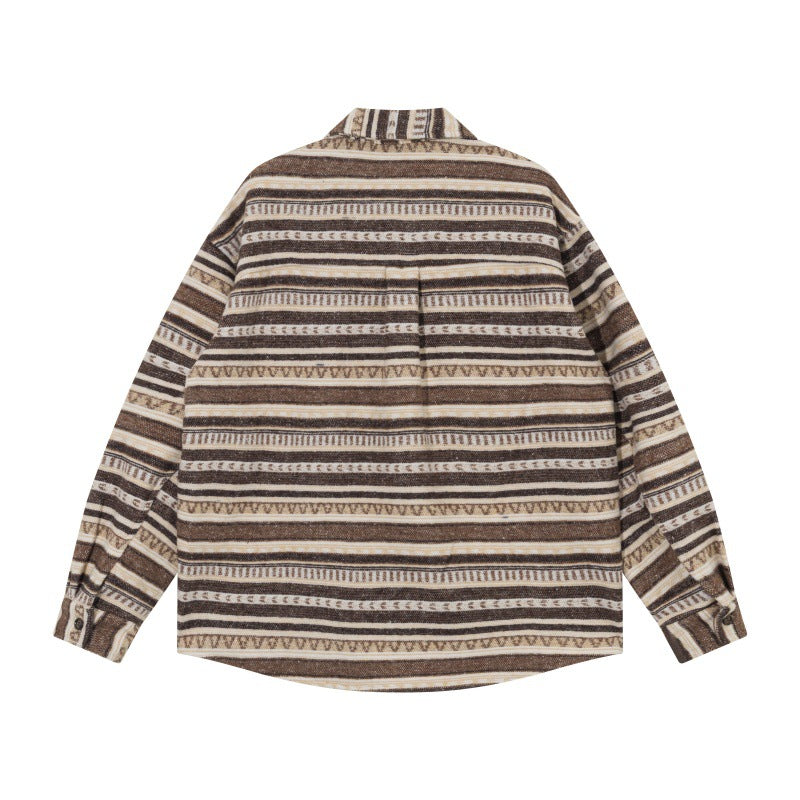 Unisex Oversize-Strickshirtjacke im Ethno‑Streifenmuster mit Pattentaschen Echoarchiv