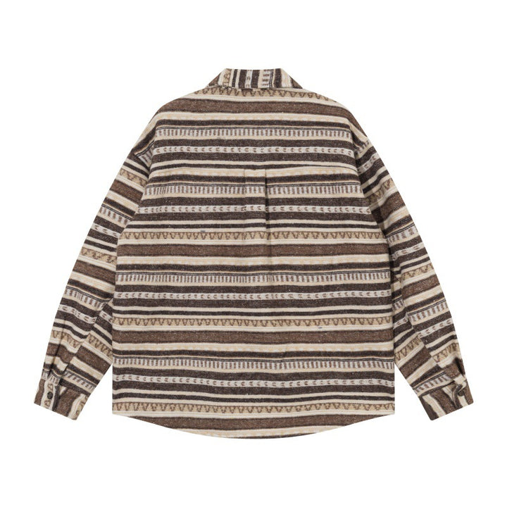 Unisex Oversize-Strickshirtjacke im Ethno‑Streifenmuster mit Pattentaschen Echoarchiv