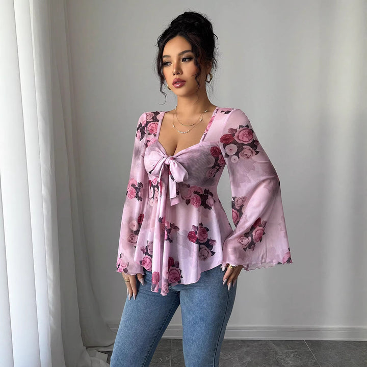 Damen Transparente Chiffon-Babydoll-Bluse mit Knotenfront und floralem Allover-Print Echo Archiv