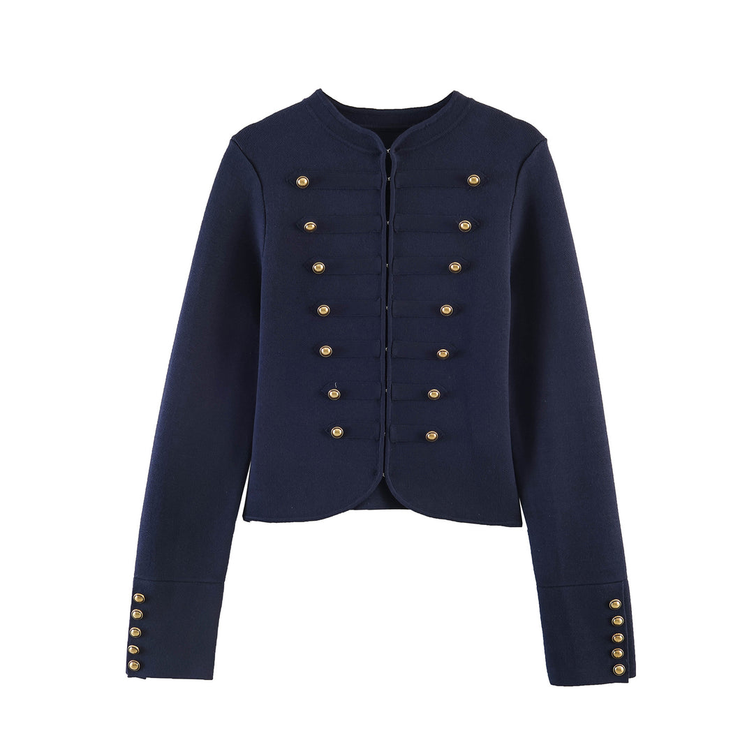 Damen Kragenlose Cropped-Militärjacke mit dekorativer Messingknopfleiste Echoarchiv