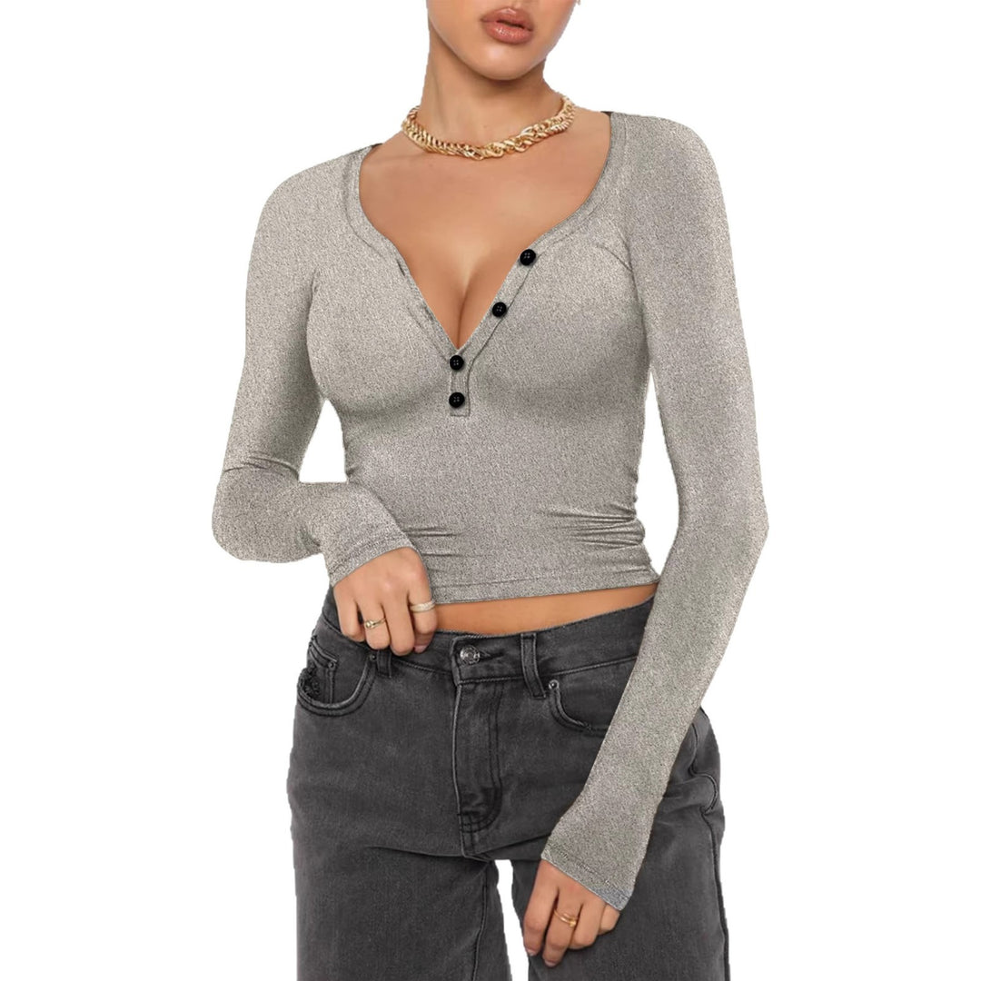 Damen nan figurbetontes geripptes Longsleeve mit Henley-Knopfleiste und tiefem V-Ausschnitt Echo Archiv