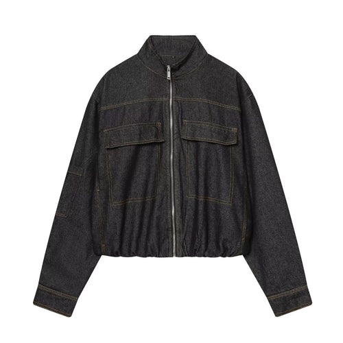 Damen Cropped Jeans-Utility-Jacke mit Reißverschluss, Stehkragen und elastischem Saum Echoarchiv