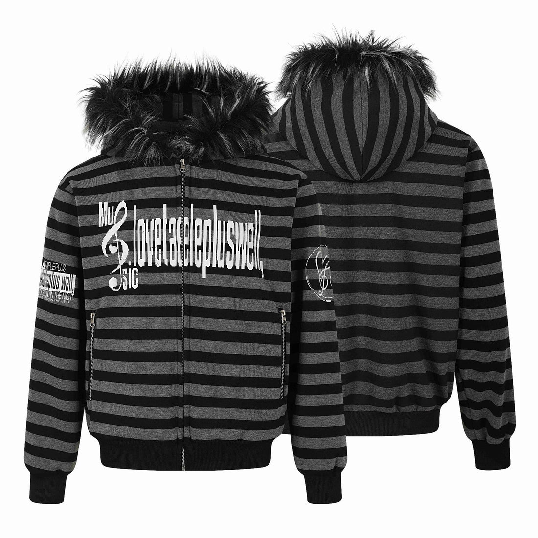 Unisex Gestreifte Kapuzenblousonjacke mit Kunstfellkapuze und Reißverschlusstaschen Echoarchiv