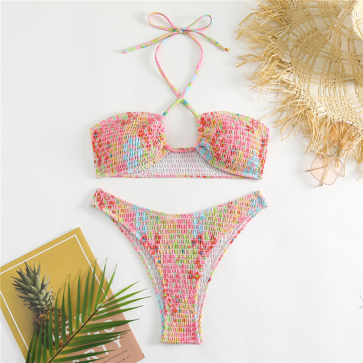 Damen Bandeau-Bikini mit verspieltem Wickeldetail und buntem Design Echo Archiv