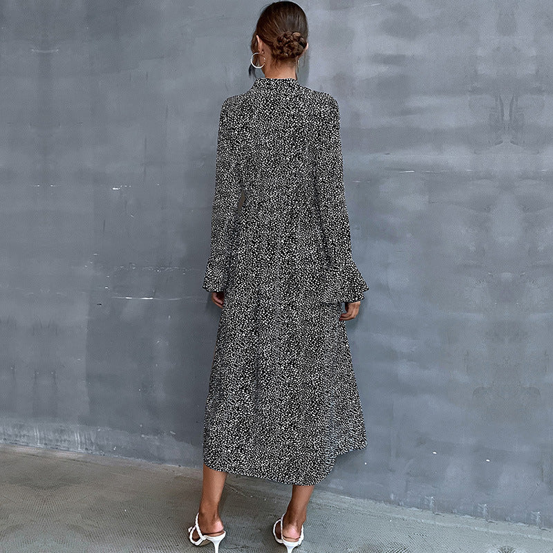Damen Midikleid mit Stehkragen und Bindeschleife, Langarm A‑Linie mit feinem Pünktchenmuster Echoarchiv