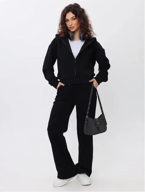 Damen zweiteiliges Cozy-Loungewear-Set mit Reißverschlusskapuze, taillenhoher Weitbein-Jogger und verdeckten Eingrifftaschen – Auréline
