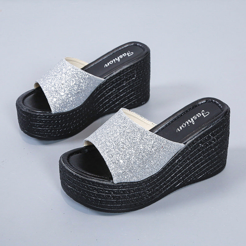 Damen nan offene Plateau-Mule mit glitzerndem Riemen, geprägter Keilsohle und gepolstertem Komfortfußbett Echo Archiv