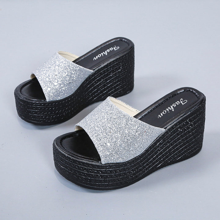 Damen nan offene Plateau-Mule mit glitzerndem Riemen, geprägter Keilsohle und gepolstertem Komfortfußbett Echo Archiv