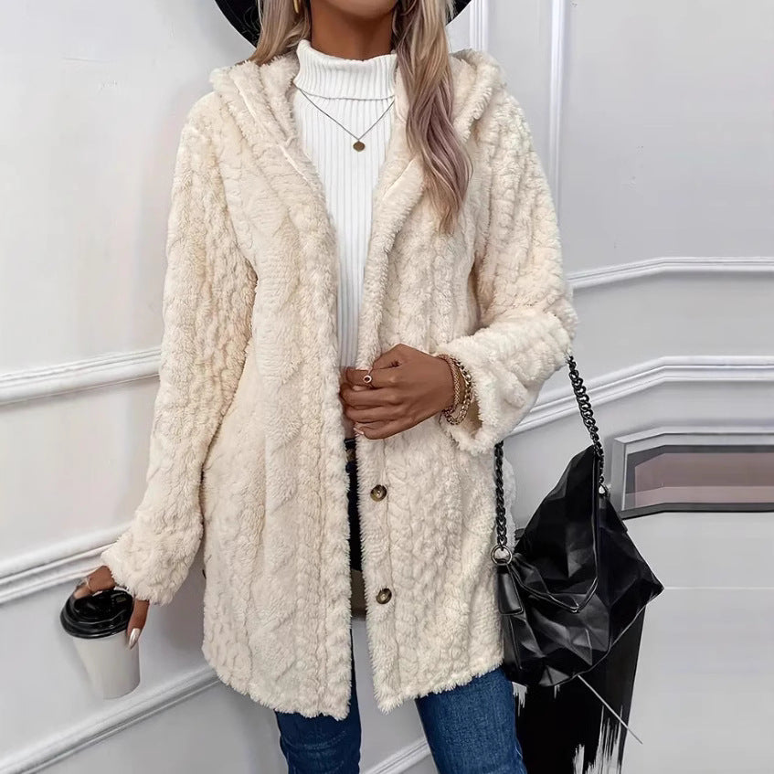Damen nan kuschelige Teddy-Mantel mit Kapuze, Knopfleiste und Taschen Echo Archiv
