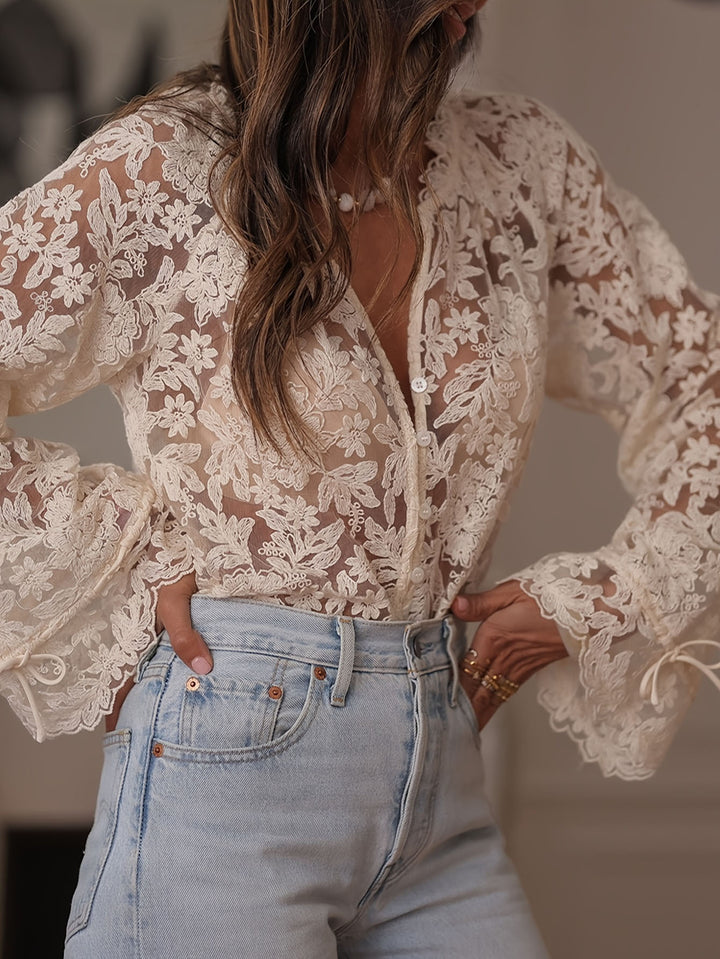Damen transparente Bluse mit floralen Stickereien und weiten Ärmeln Echo Archiv