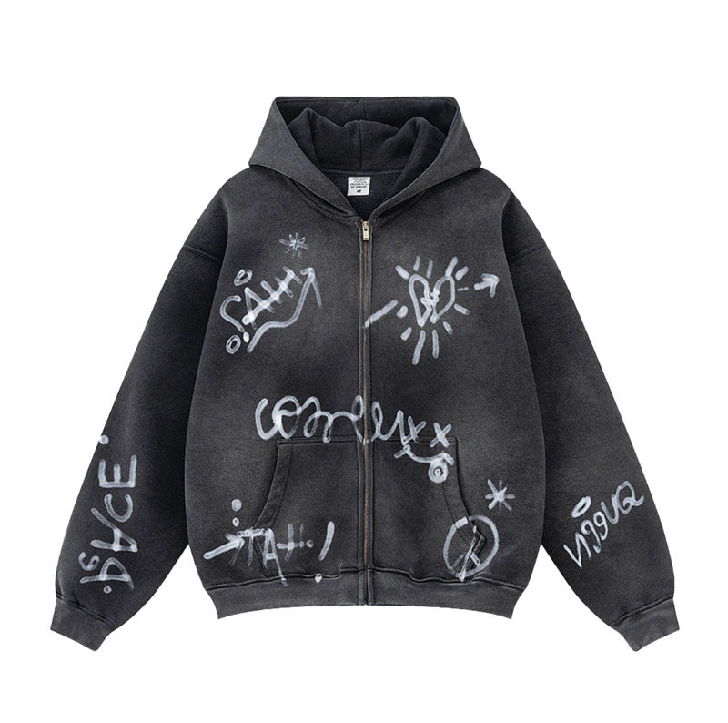 Unisex nan oversized Kapuzenjacke mit durchgehendem Reißverschluss, gebürstetem Fleecefutter und handähnlichem Sprayprint Echo Archiv