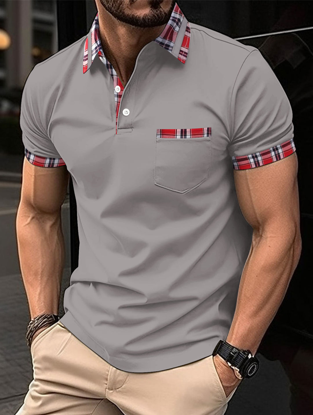 Herren Kurzarm-Casual-Polo mit markanten Karodetails Echoarchiv