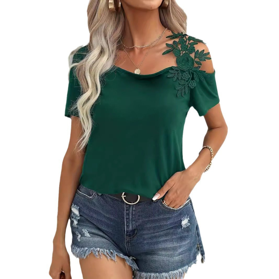 Damen nan schulterfreies Jerseyshirt mit floraler Spitzenapplikation und lockerer Passform Echo Archiv