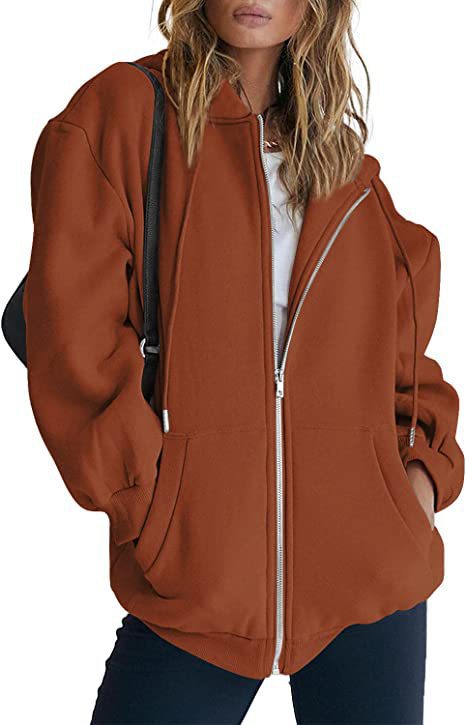 Damen oversized Kapuzenjacke mit durchgehendem Reißverschluss Kängurutaschen und weichem Sweatmaterial – Auréline