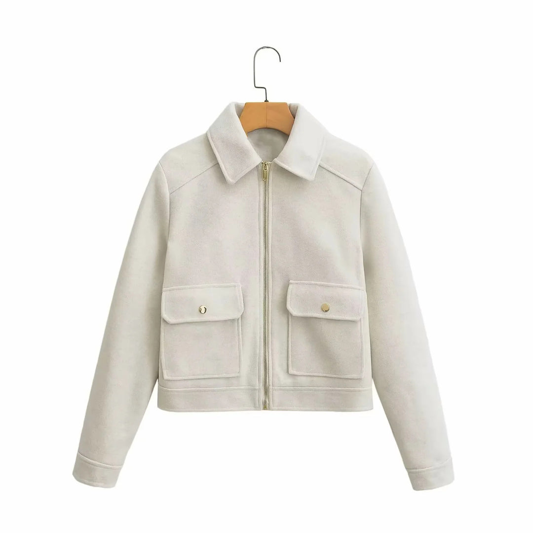 Damen boxy Wollblend Shacket mit verdecktem Metallreißverschluss, Hemdkragen und aufgesetzten Pattentaschen – Célinea