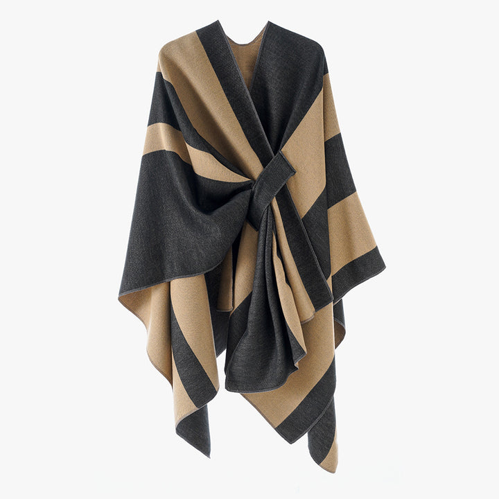 Damen Wickel‑Cape mit breitem Streifenmuster und Bindegürtel – Avérine