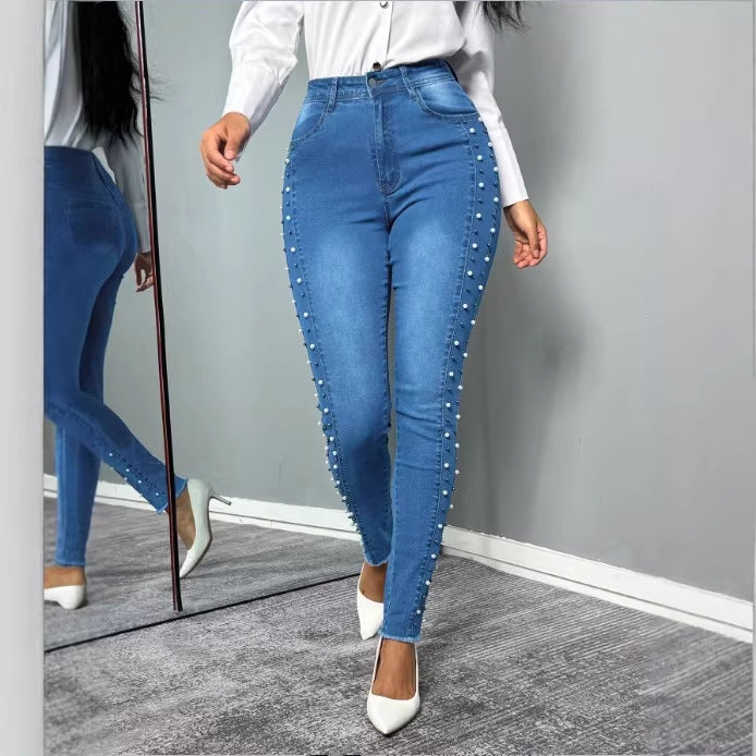 Damen Figurformende hochtaillierte Skinny-Jeans mit seitlicher Perlenzier Echo Archiv