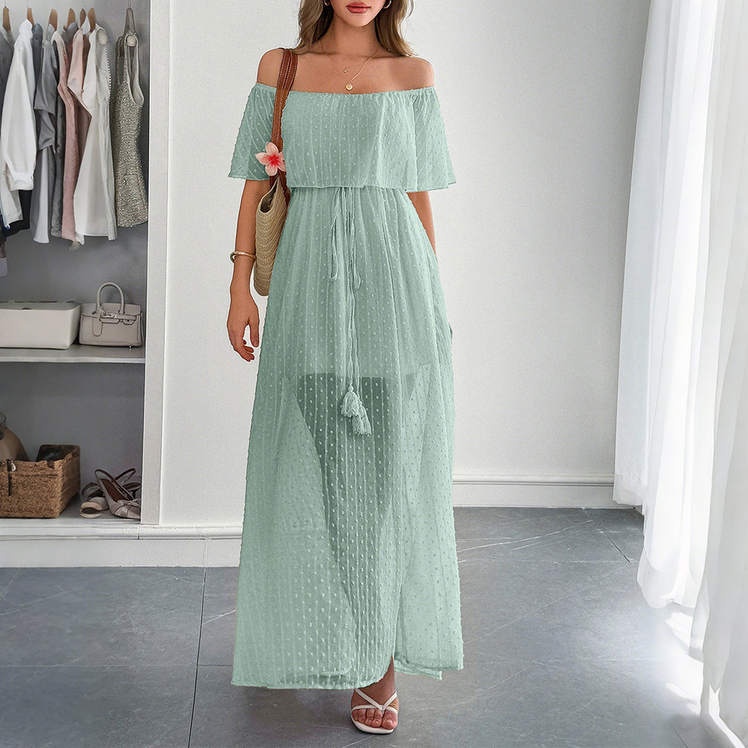 Damen Off-Shoulder Maxikleid mit feinem Punktedesign und Taillenbindung Echo Archiv