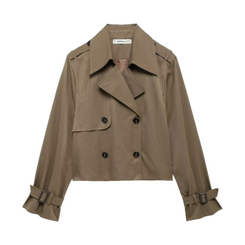 Damen kurzer Cropped Trenchcoat im Boxy‑Schnitt mit doppelreihiger Knopfleiste Schulterklappen und verstellbaren Ärmelriemen – Montévia