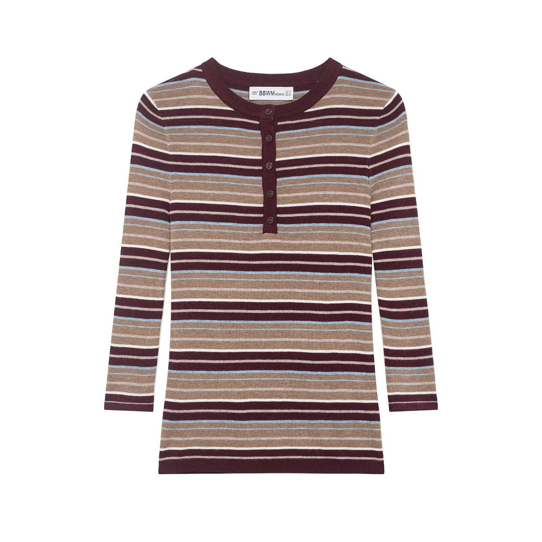 Damen Gestreiftes Feinstrick-Henleyshirt mit Knopfleiste und schlanker Passform Echoarchiv