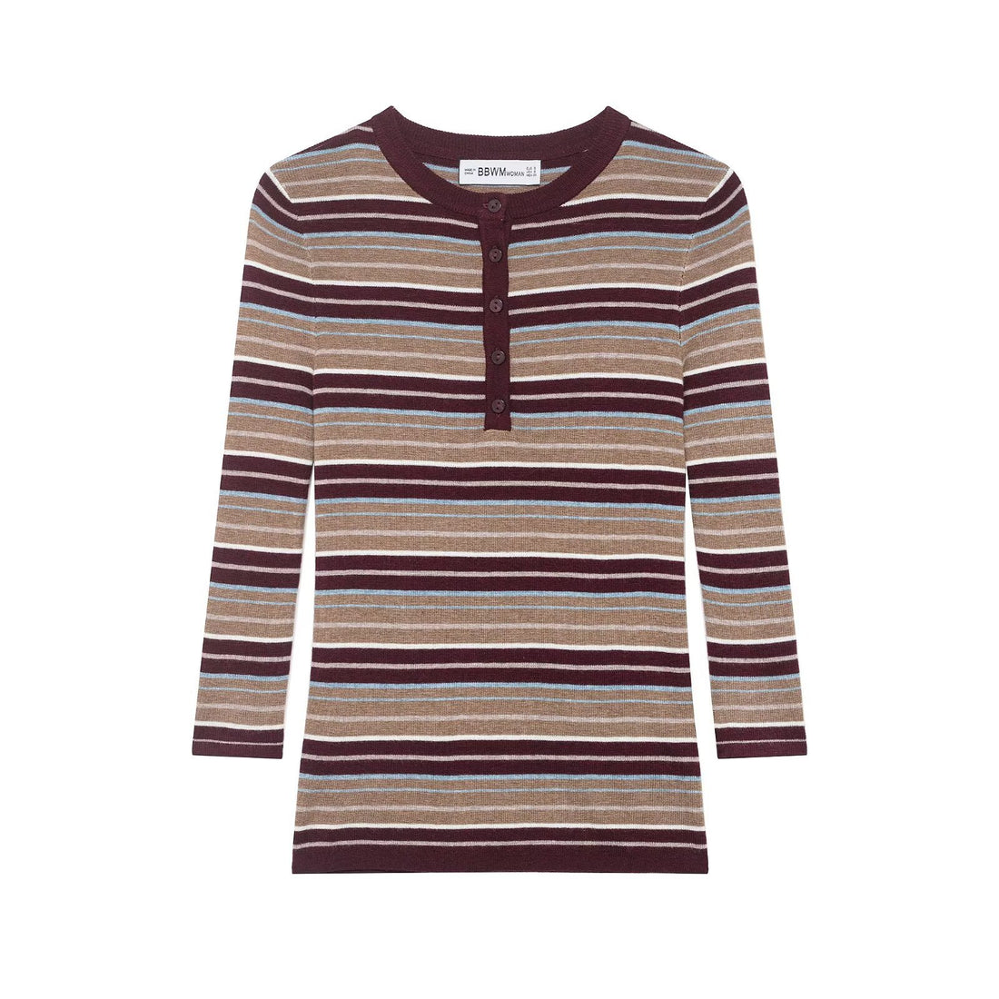 Damen Gestreiftes Feinstrick-Henleyshirt mit Knopfleiste und schlanker Passform Echoarchiv